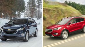 A blue 2018 Chevy Equinox (left) and a red 2018 Ford Escape (right) compact SUV models