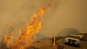 Kern County Sheriffs near flames from the French Fire on State Route 155 in Wofford Heights, California