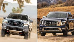 A 2023 Nissan Frontier midsize pickup truck (Left) and 2023 Nissan Titan full-size pickup truck (Right)