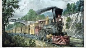 'The Express Train' lithograph print of a locomotive with a cowcatcher by Currier & Ives