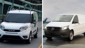 A 2023 Ram ProMaster City (left) and 2021 Mercedes-Benz Metris (right) passenger and cargo van models