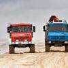 A line of Mercedes-Benz Unimog models in red, blue, and yellow driving down a road in a desert