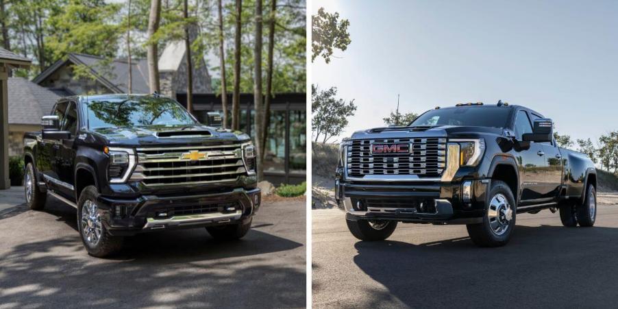 (L to R) 2024 Chevy Silverado 2500 HD High Country and 2024 GMC Sierra 3500 HD Denali heavy-duty truck models