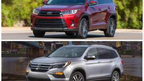 A red 2018 Toyota Highlander SE and a silver 2018 Honda Pilot Elite