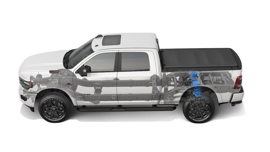 Ram 1500 pickup truck with a transparent exterior so that you can see the air ride suspension