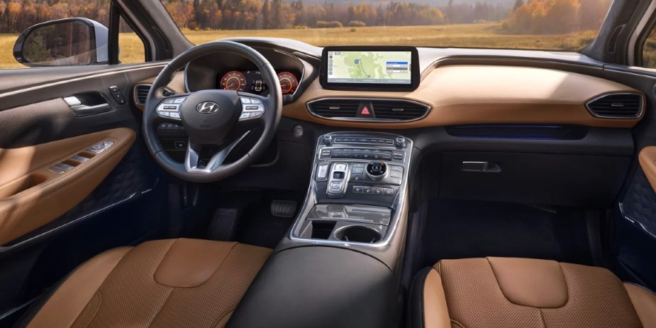 The interior of a 2023 Hyundai Santa Fe midsize SUV. 