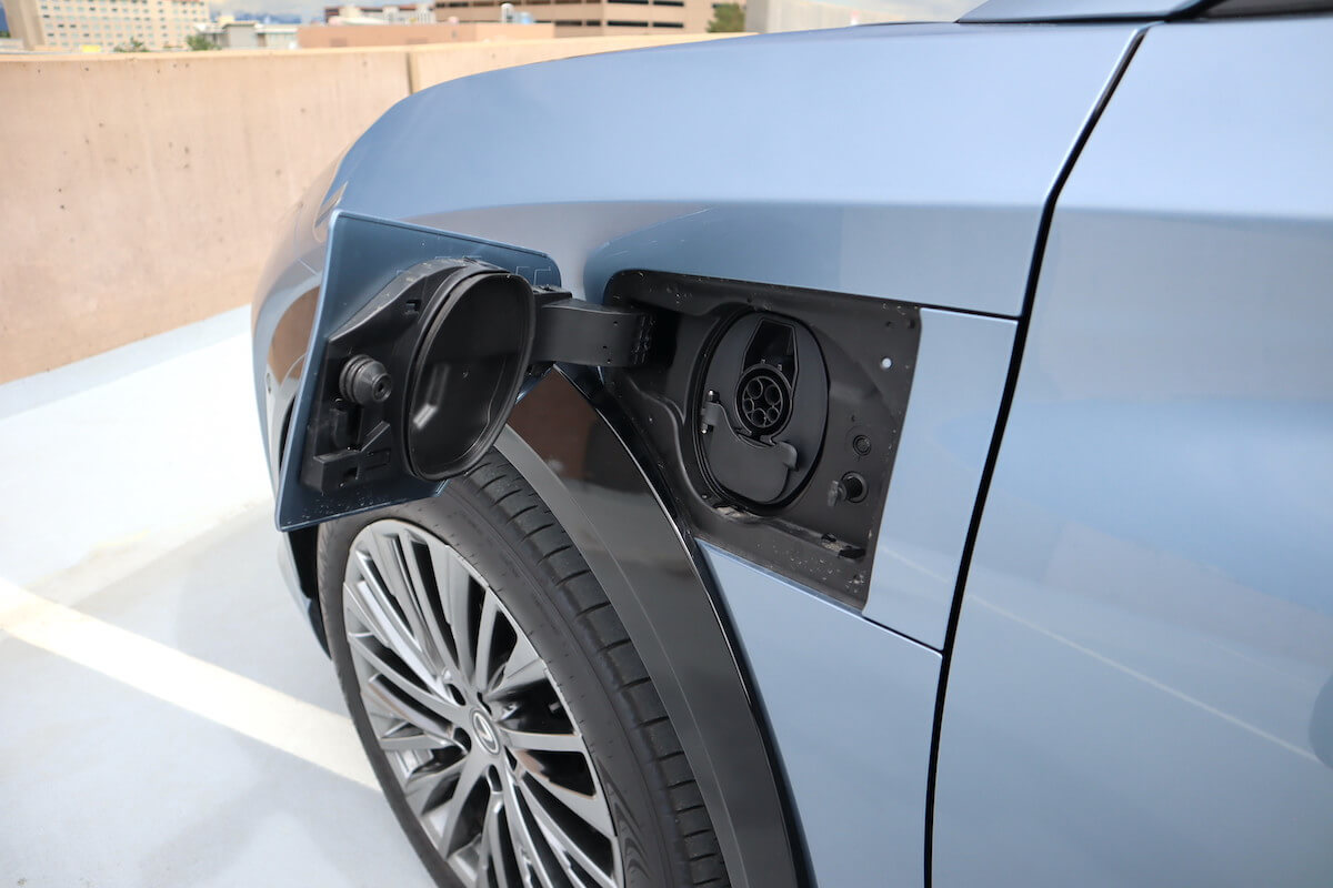 The charging port on the 2023 Lexus RZ 450e EV SUV