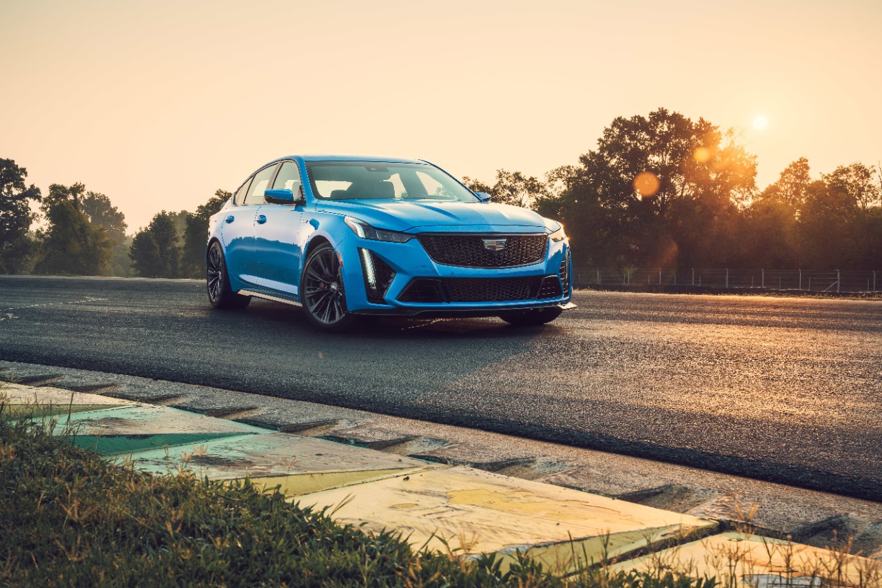 2023 Cadillac CT5-V Blackwing in Electric Blue, front ¾ angle