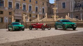 (L to R) The 2024 Allfa Romeo Giulia Quadrifoglio 100th Anniversary, 1923 RL Quadrifoglio, and Stelvio Quadrifoglio 100th Anniversary