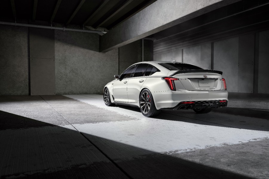 Rear 7/8 view of the 2024 Cadillac CT5-V Blackwing in Summit White.