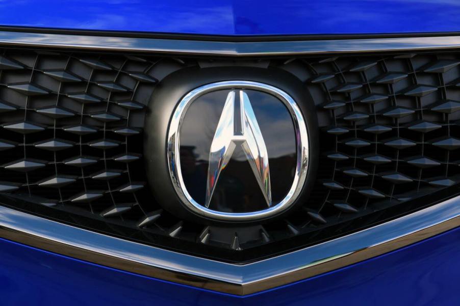 A shot of the grille and logo design on a blue Acura MDX midsize luxury SUV at the 2020 Sundance Film Festival