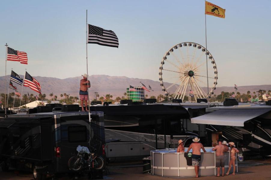 RVs parked at a campground for a music festival.