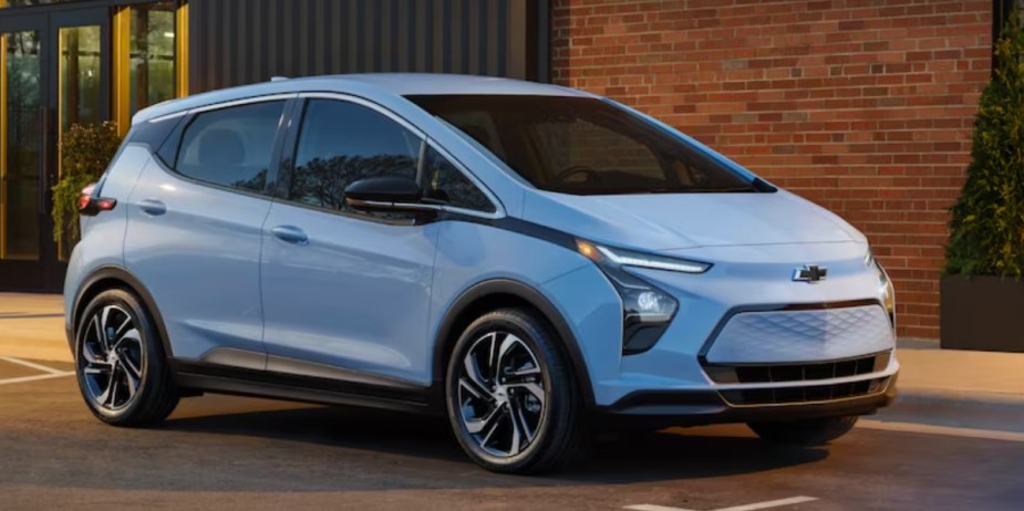 A blue 2023 Chevrolet Bolt EV small electric hatchback. 