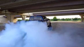 Chevy Silverado with 1,000 hp doing a burnout.