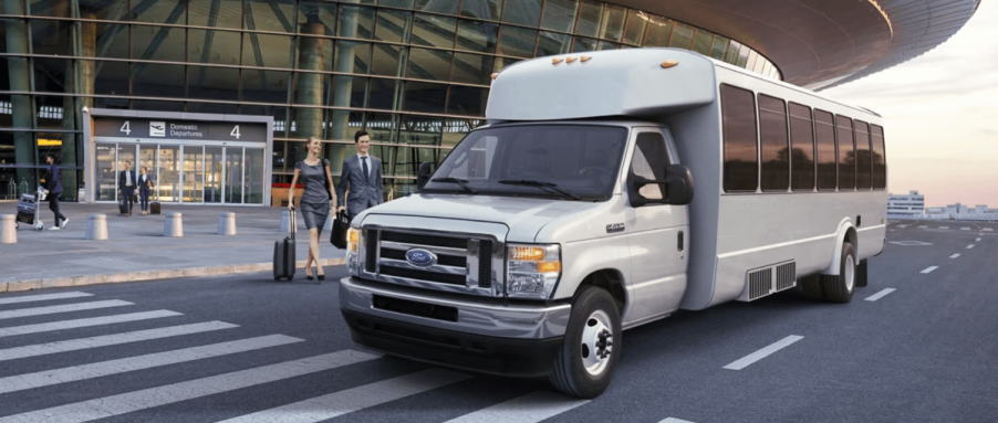 A 2024 Ford E-Series Cutaway model transformed into a transportation passenger vehicle at an airport