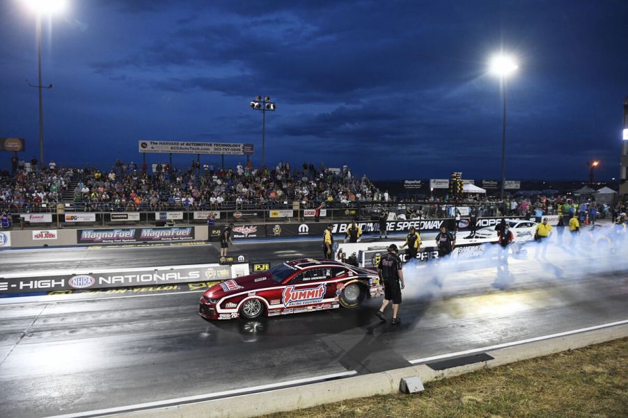 NHRA Pro Stock racing at Bandimere Raceway as dark settles