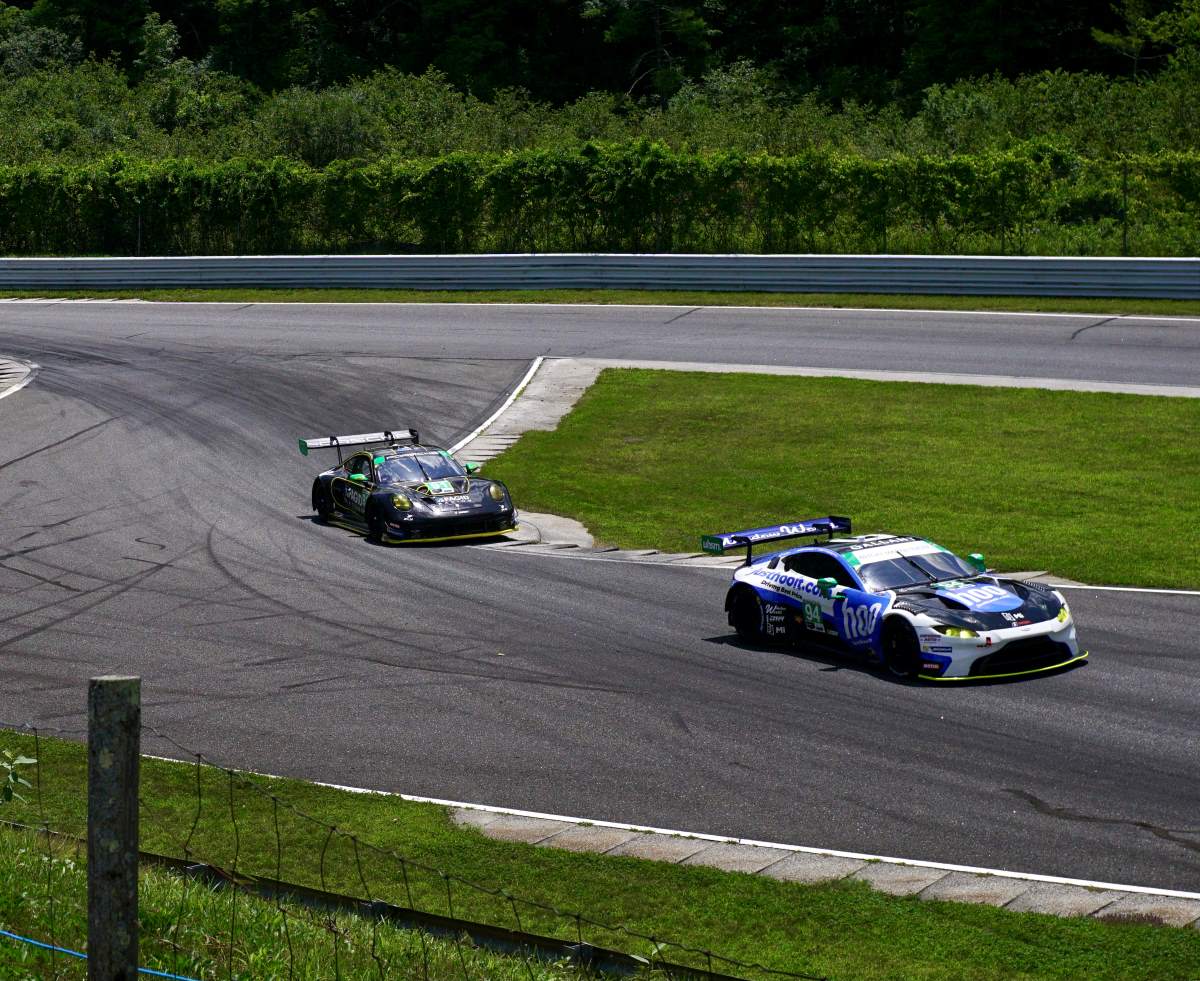 Aston Martin and Porsche 911 GTD cars at Lime Rock Park