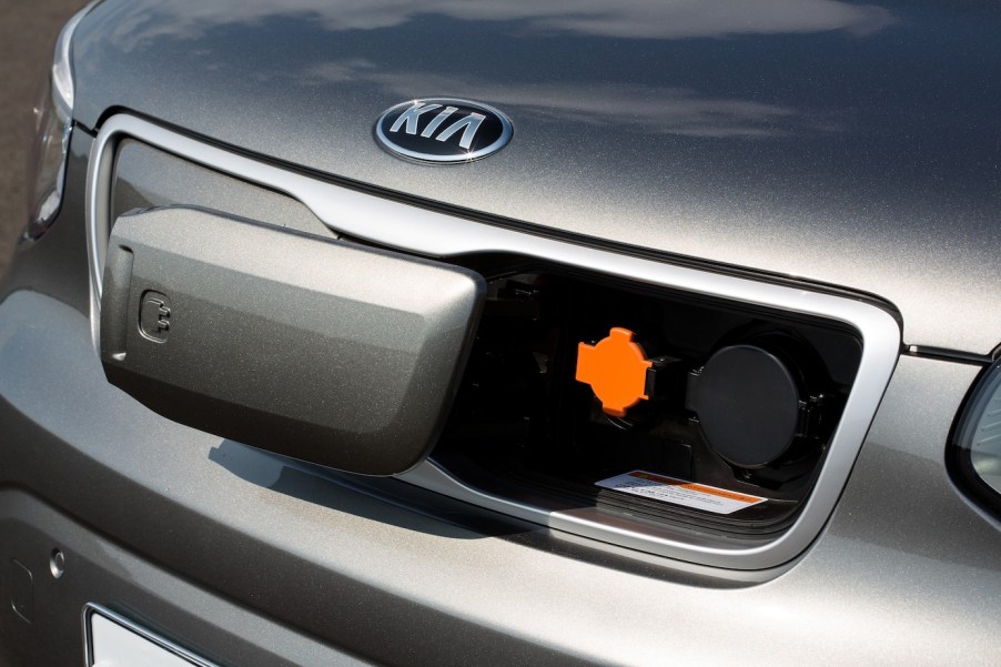 The exterior front grille of the Kia with the lowest maintenance cost annually, the Kia Soul EV