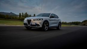 A 2024 Alfa Romeo Stelvio Competizione five-door luxury SUV European model in Moonlight Gray Matte