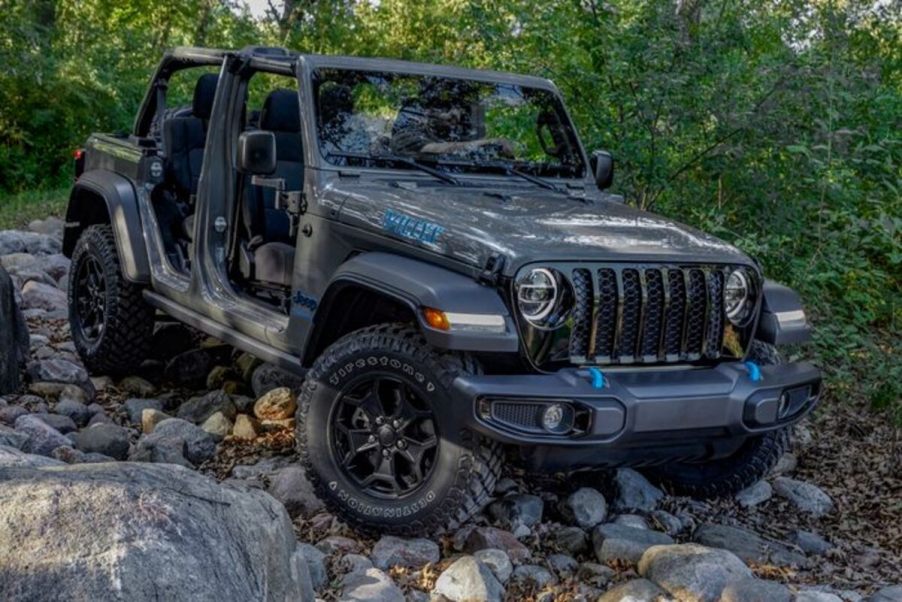 Charcoal 2023 Jeep Wrangler 4xe front 3/4 view.