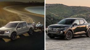 A 2024 Ford Maverick (L) towing a pair of jet skis near a lake and a 2024 Hyundai Santa Cruz (R) parked on gravel