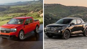 A 2024 Ford Maverick (L) driving on a wet country road and a 2024 Hyundai Santa Cruz (R) parked on gravel