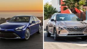 The Toyota Mirai midsize car (L) and Hyundai Nexo crossover SUV (R) hydrogen fuel cell vehicles (HFCVs)