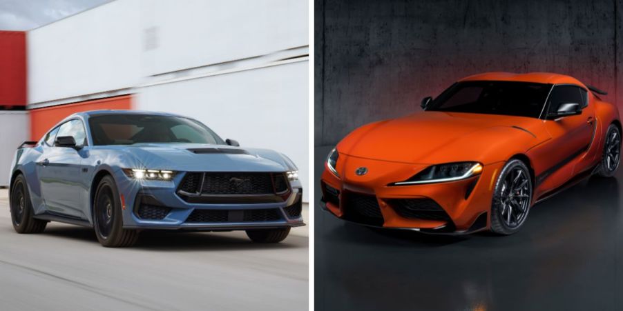 The 2024 model year Ford Mustang sedab (L) and Toyota GR Supra coupe (R) sports cars