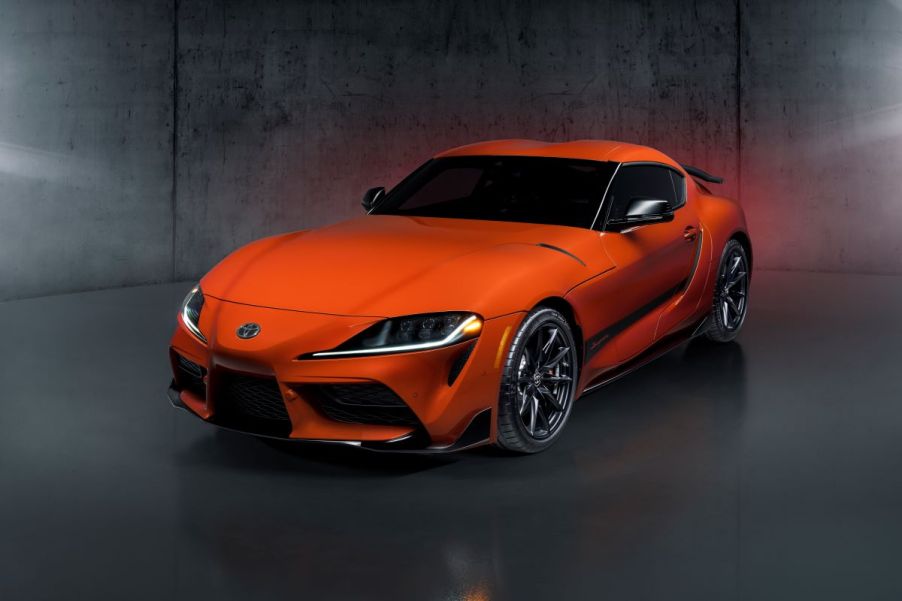 The 2024 Toytota GR Supra 45th Anniversary Edition sports car coupe model in Mikan Blast orange