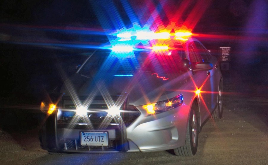 Silver Connecticut State Police car front 3/4 view