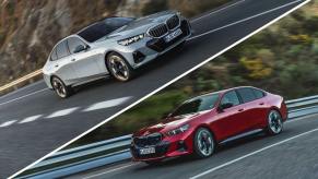 A collage of a gray (L) and red (R) 2024 BMW 5 Series executive car models