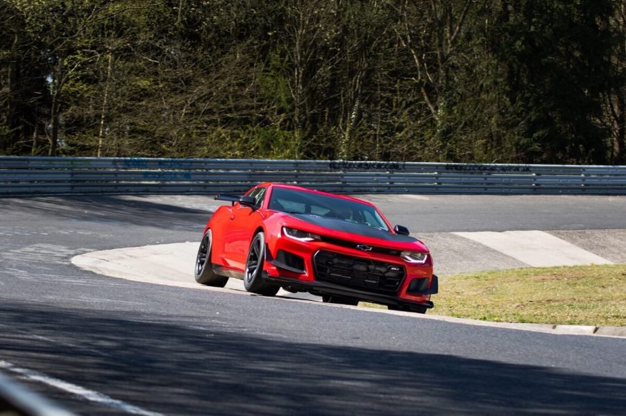 A bright red Chevrolet Camaro ZL1 1LE takes on the storied Nürburgring.