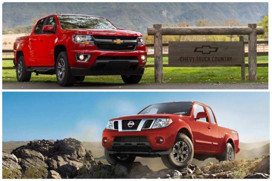 Red 2018 Chevy Colorado and 2018 Nissan Frontier midsize pickup trucks parked outside