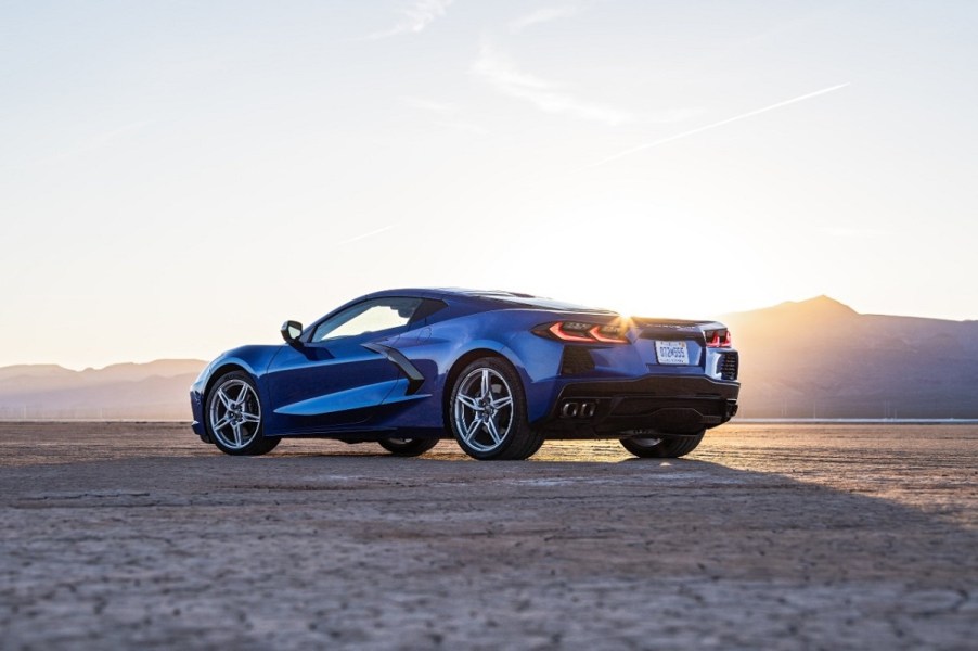 A blue Chevrolet Corvette shows off its rear-end styling.