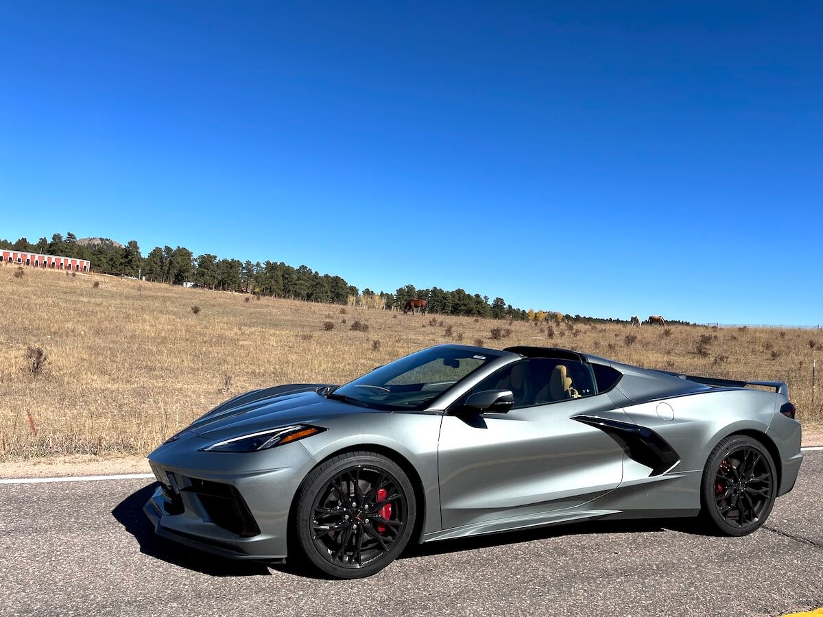 2023 Chevy Corvette front corner angle on an empty road