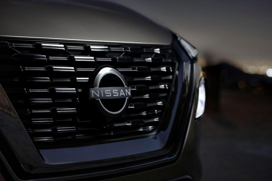 A closeup shot of the grille and headlight design on a 2023 Nissan Rogue compact SUV model