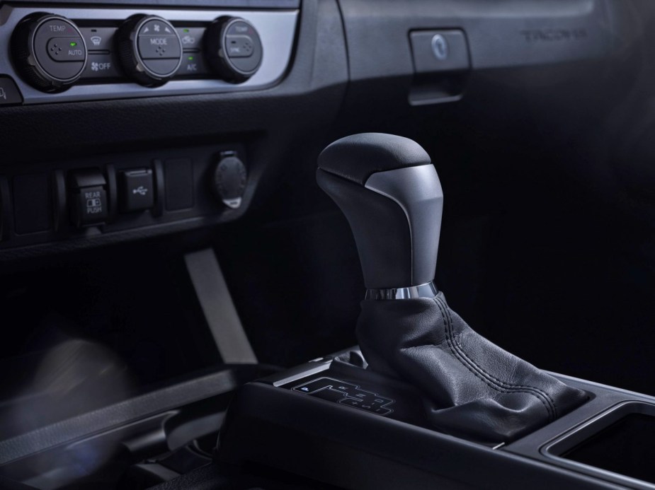 The shifter in a 2023 Toyota Tacoma midsize pickup truck.