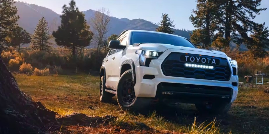 A white 2024 Toyota Sequoia full-size SUV is parked outdoors. 