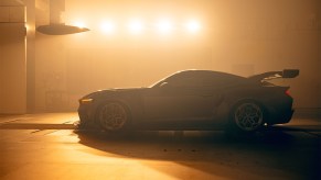 Side profile view of the 2024 Ford Mustang GTD sitting in a wind tunnel