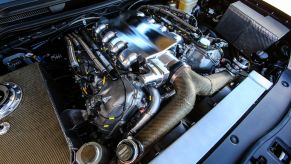 A tuned version of the Toyota 5.7-liter V8 engine prepped for racing.