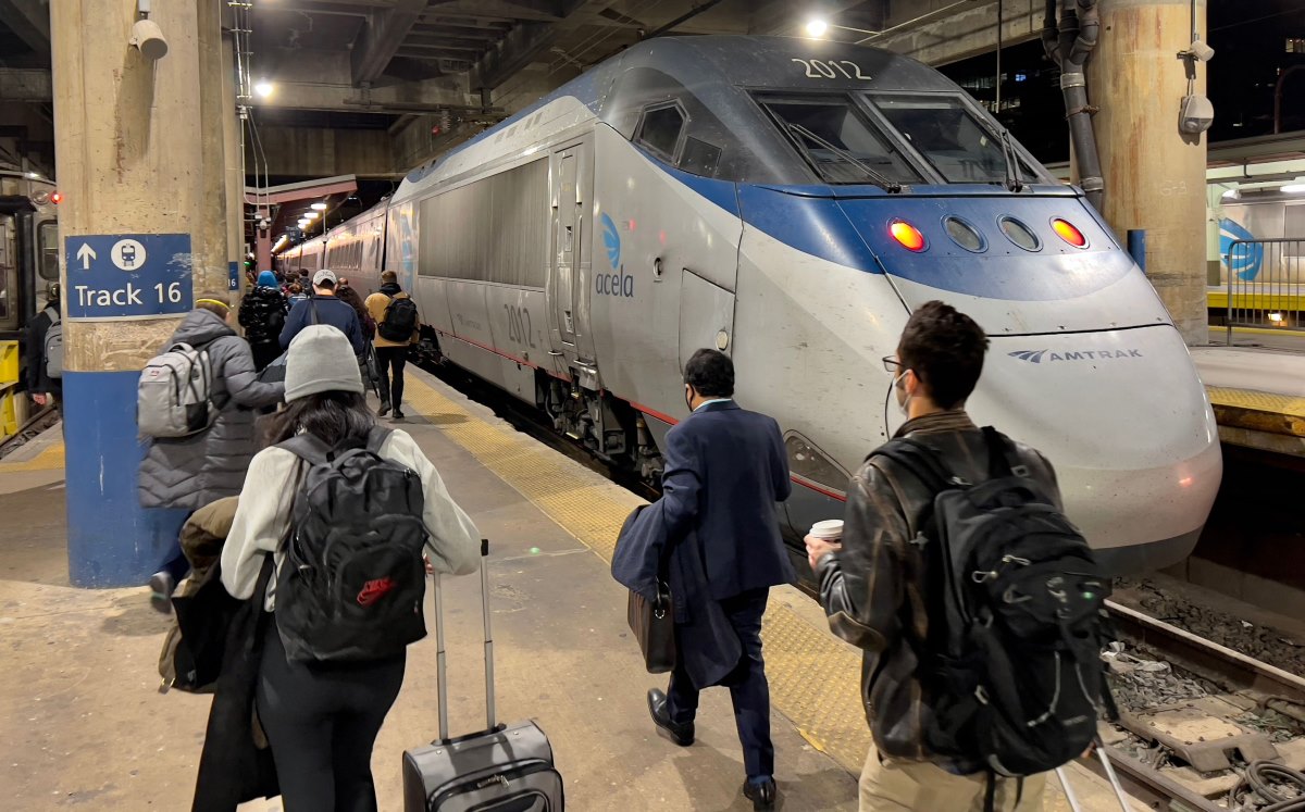 An Acela high-speed train at a station