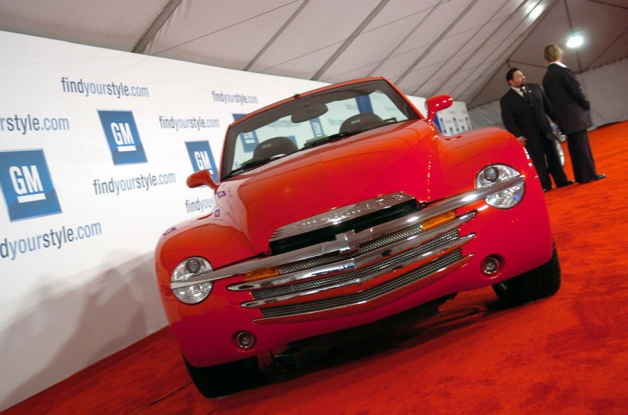 A red Chevy SSR parked at a General Motors press event, the SSR is among the weirdest cars GM ever made