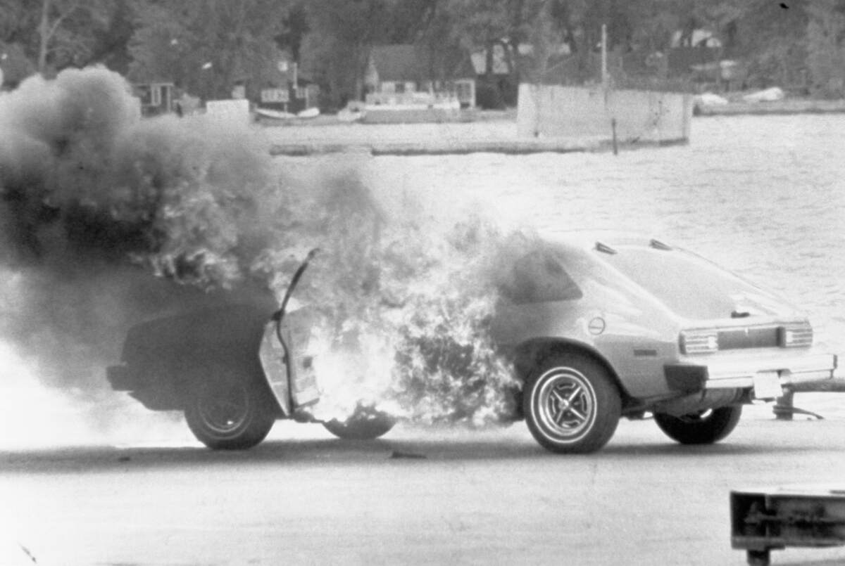 The worst Ford car is the Pinto, shown here on fire after the electrical system went up in flames during a test