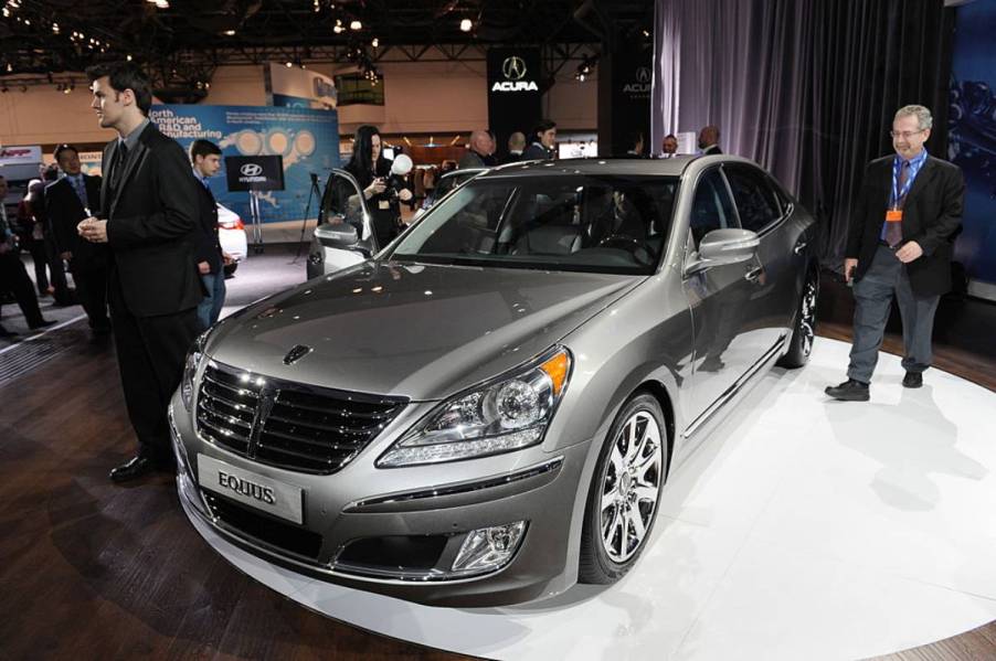 A Hyundai Equus on display at an auto show.