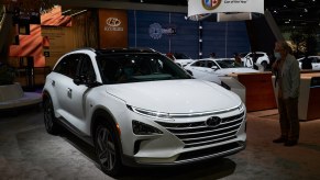 White Hyundai Nexo on display at the Los Angeles Auto Show. The Hyundai Nexo's price gets high up in the highest configuration.