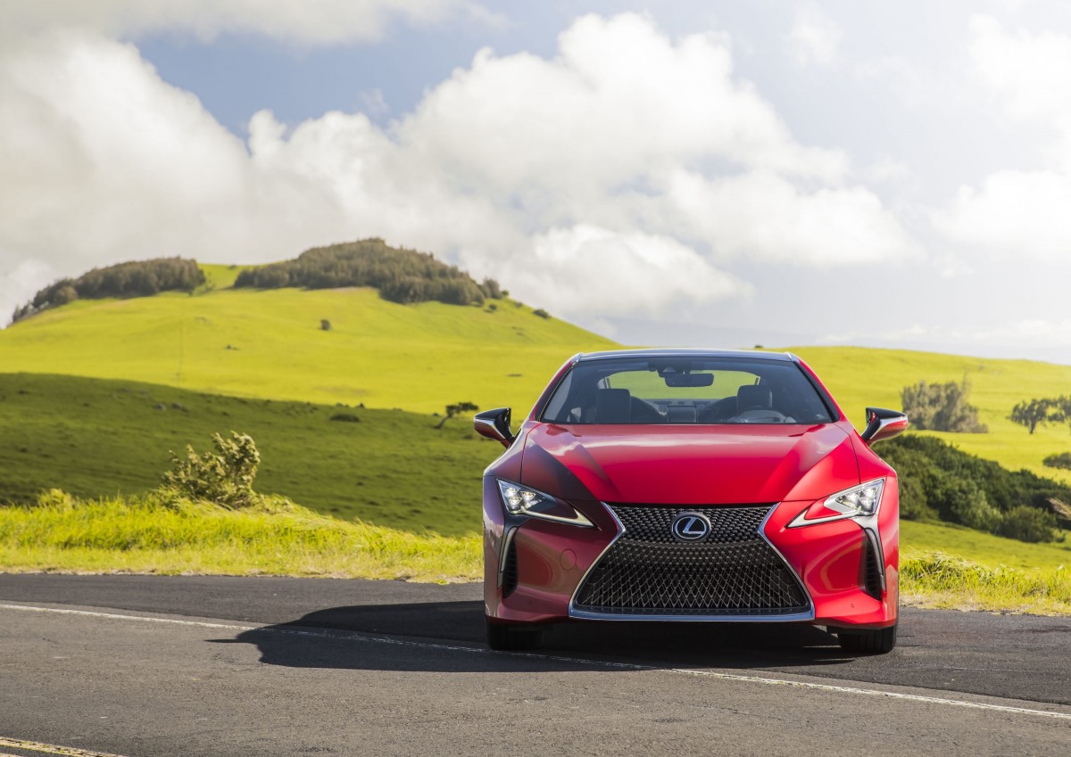 Lexus LC 500 in red, two-door grand touring sports car