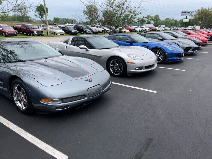 C7, C6, and C5 Chevy Corvettes line up at the National Corvette Museum.