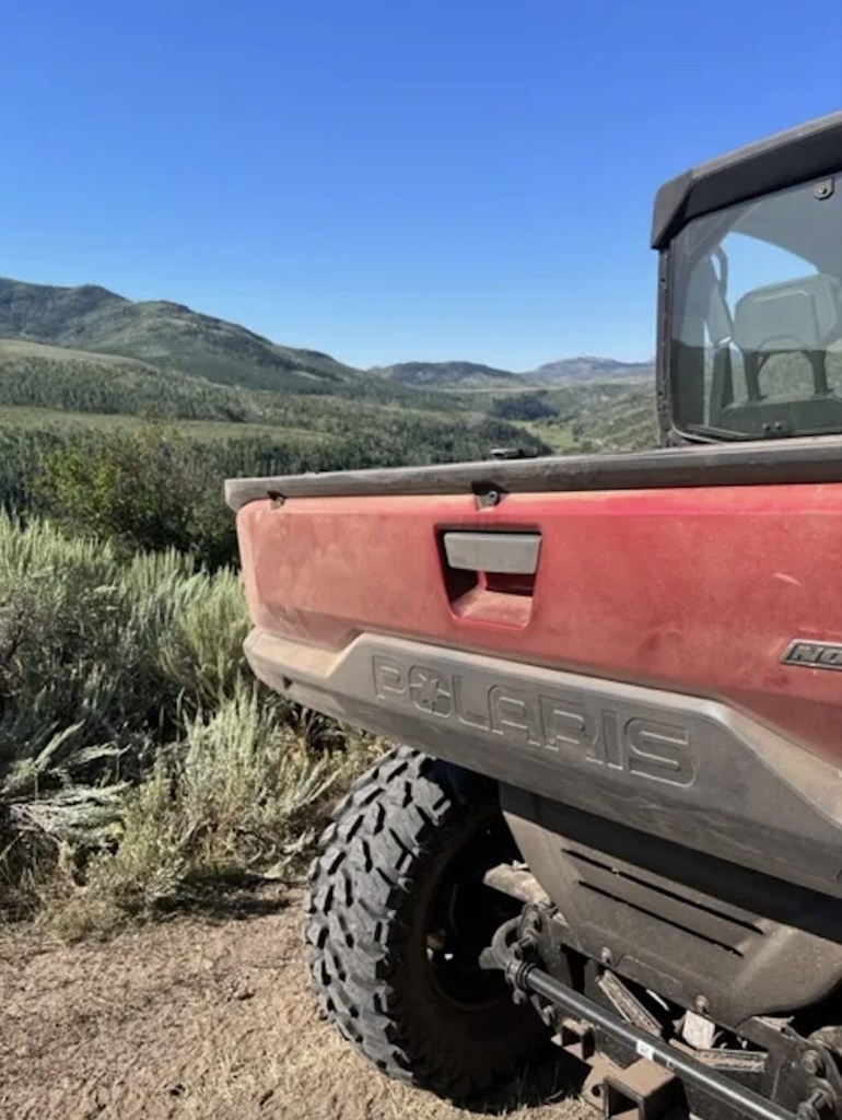 The tailgate of a red 2024 Polaris Ranger XD 