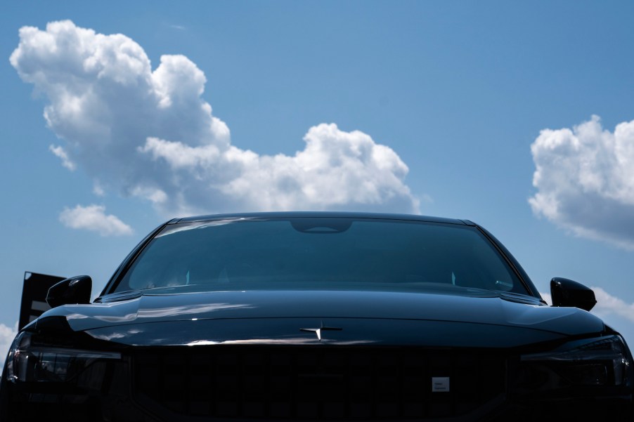 A black electric Polestar vehicle is displayed during the Electrify Expo. Polestar sales for models like these are lagging