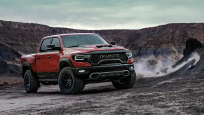 A RAM 1500 TRX parked in the dirt